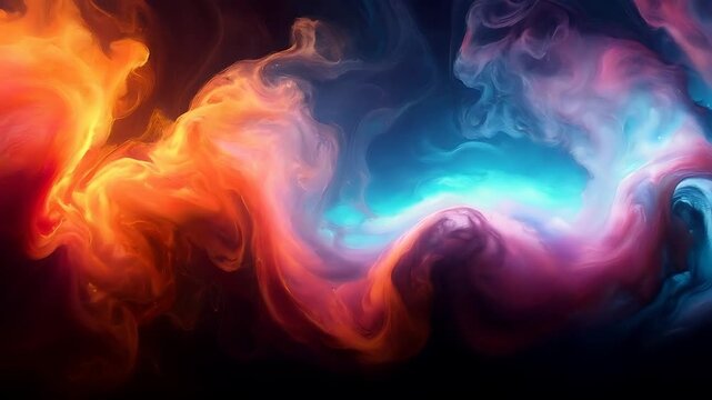 Abstract smoke clouds in variety of vibrant colors like orange, yellow, pink, purple, and blue, suitable for ethereal design projects. Fluid and mesmerizing.