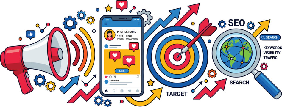 Digital Marketing and SEO Optimization Vector Concept with Megaphone, Smartphone Social Media Interface, Target, and Search Magnifying Glass