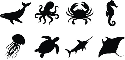 Collection of sea animals black silhouettes including whale octopus crab seahorse jellyfish turtle swordfish and manta ray © MSTALIFNUR