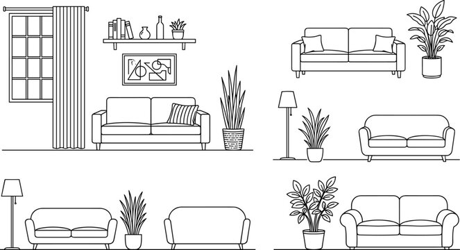 Modern living room furniture vector set with outline sofas floor lamps and indoor house plants for interior design