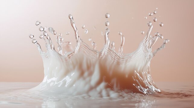 Milk crown macro photography dynamic liquid splash formation with droplets frozen in motion creating three-dimensional structure against soft background