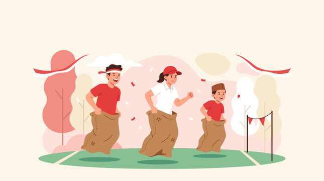 Balap karung traditional sack race game vector illustration for Indonesia Independence Day celebration