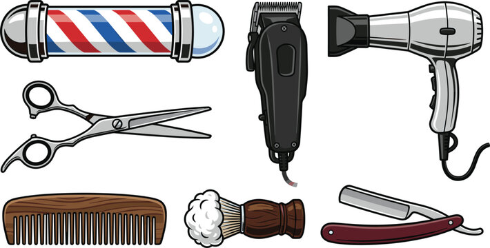 Professional Barber Shop Tools Vector Set with Classic Barber Pole, Electric Hair Clipper, Blow Dryer, Scissors, Comb, Brush, and Straight Razor