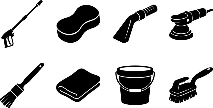 Monochrome car detailing and professional cleaning service vector icon set featuring polisher, pressure washer, and wash brushes.