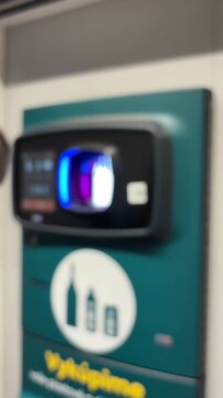 Person Recycling Plastic Bottle in Reverse Vending Machine, Automated Deposit Return System with Soft Focus Background, Sustainability and Eco-Friendly Waste Management Concept
