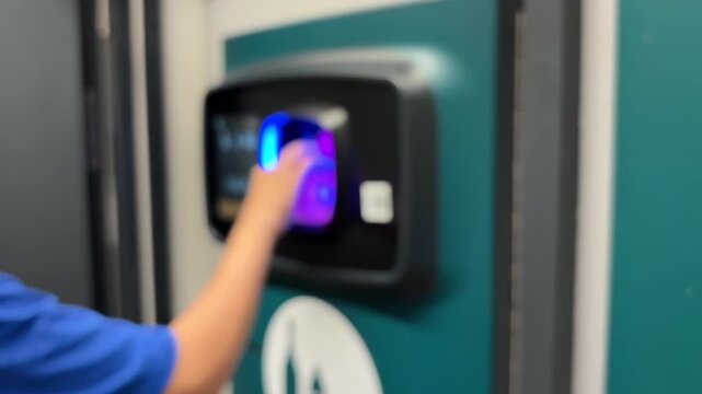 Person Recycling Plastic Bottle in Reverse Vending Machine, Automated Deposit Return System with Soft Focus Background, Sustainability and Eco-Friendly Waste Management Concept