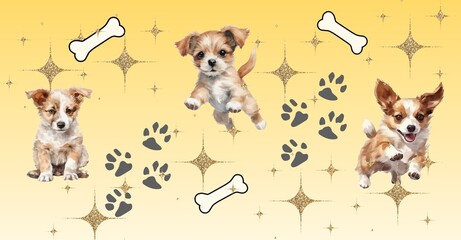 Cute puppies pattern with bones and paw prints on yellow background © Saadet