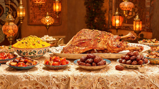 Traditional Middle Eastern feast spread with roasted lamb leg surrounded by saffron rice stuffed vegetables dates and decorated serving bowls under lanterns.