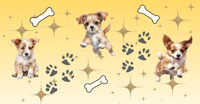 Cute puppies pattern with bones and paw prints on yellow background