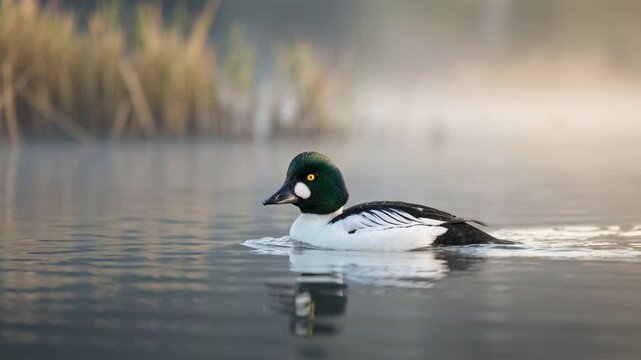 common goldeneye duck on lake superior usa morning light close up video