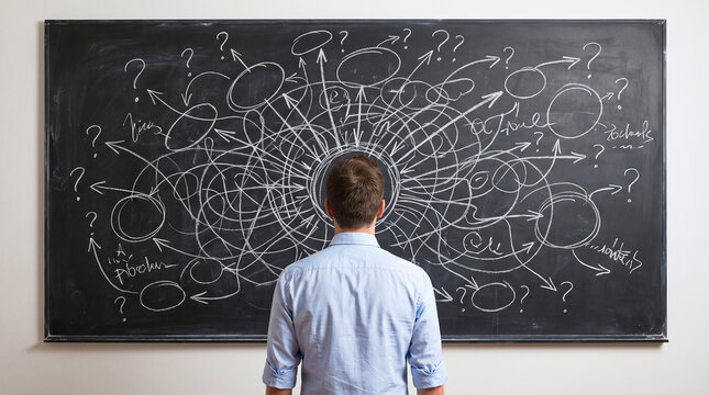 Confused man looking at intersecting arrows and question marks on a blackboard, problem-solving concept.