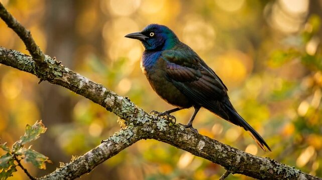 common grackle bird in florida wetlands usa golden light close up video