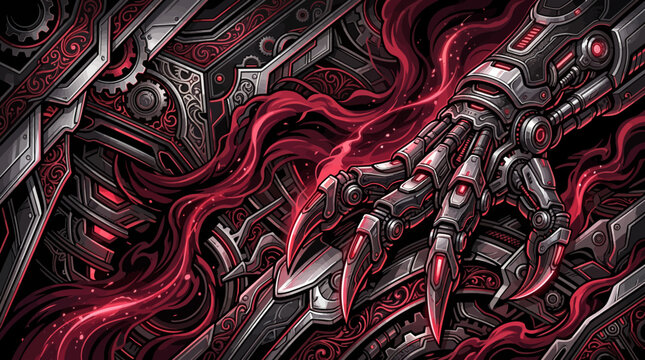Infernal biomechanical robotic hand with sharp claws on dark gothic background