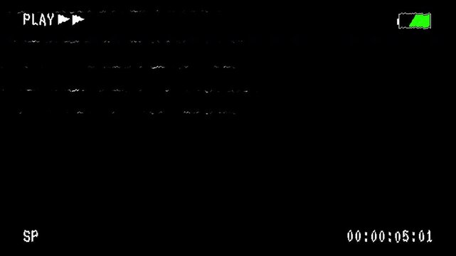 Old VHS camera interface with noise and flickering. VHS recording with time code. VCR play symbol. VHS defects and artifacts. Old damaged tape cassettes. Retro vintage background. 4k video