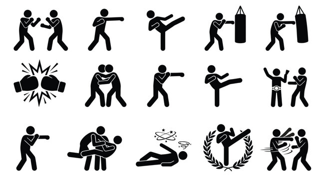 Black stick figure icons depicting various combat sports and martial arts training in a simple style