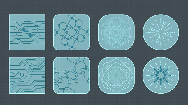Ensemble d'ic&ocirc;nes num&eacute;riques abstraites avec des motifs de circuits &eacute;lectroniques, des structures mol&eacute;culaires et des designs g&eacute;om&eacute;triques circulaires sur un fond sombre quadrill&eacute;.