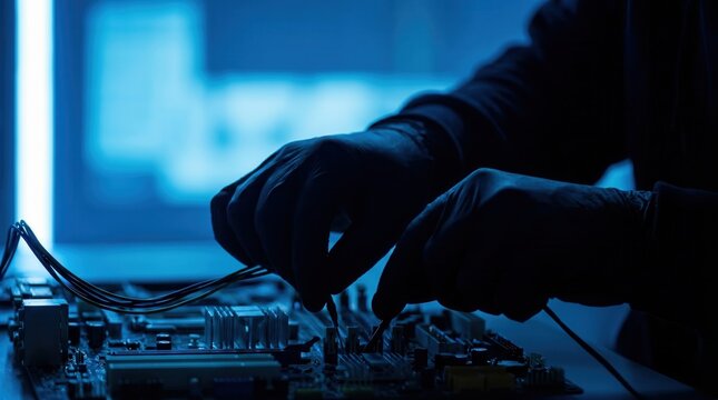 Cyber hardware technician working on computer motherboard in blue dark server room