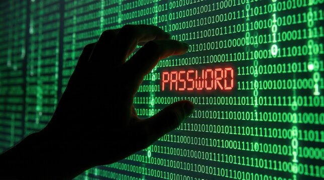 Password security concept with hand touching digital binary code screen