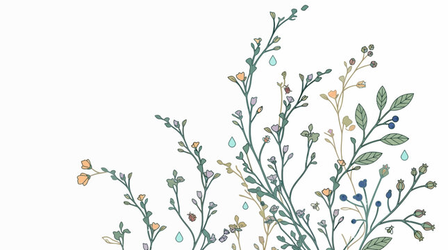 Illustration vectorielle d&eacute;licate de branches fines, feuilles et petites fleurs pastel avec des gouttes de ros&eacute;e, cr&eacute;ant une ambiance naturelle et printani&egrave;re.
