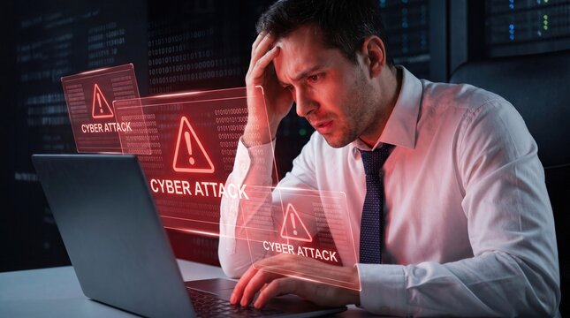 Stressed businessman facing cyber attack warning alerts on laptop in security office