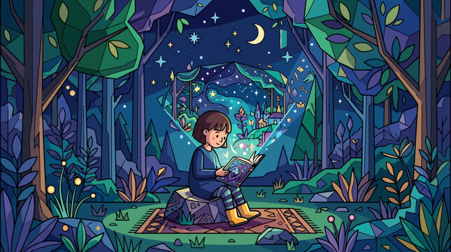 Une enfant lit un livre magique lumineux dans une for&ecirc;t enchant&eacute;e sous un ciel &eacute;toil&eacute; nocturne, cr&eacute;ant une sc&egrave;ne onirique.