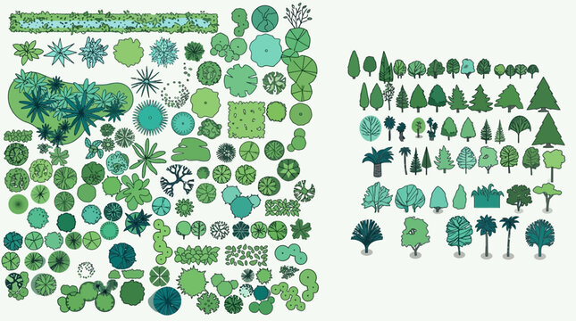Collection d'ic&ocirc;nes de v&eacute;g&eacute;tation pour plans d'architecte incluant des arbres en vue de dessus et &eacute;l&eacute;vations lat&eacute;rales dessin&eacute;es &agrave; la main.