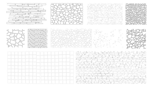 Architectural stone and brick texture pattern set with paving, masonry, gravel and rock surface drawings in clean CAD line art style for plans and elevations
