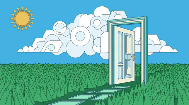 Une porte ouverte dans un champ d'herbe verte avec un chemin menant &agrave; un nuage stylis&eacute; sous le soleil, illustrant l'opportunit&eacute; et le r&ecirc;ve.