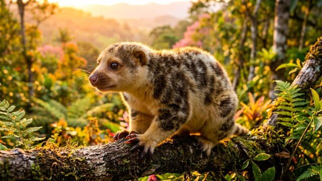 common spotted cuscus in papua new guinea rainforest golden light close up video