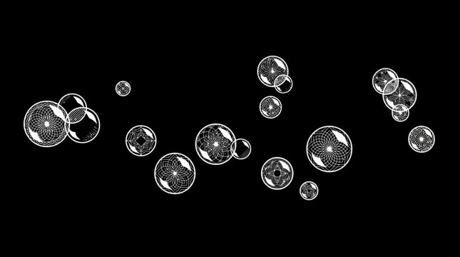 Composition de bulles de savon transparentes et blanches flottant sur un fond noir intense, id&eacute;ale pour des effets de superposition abstraits.