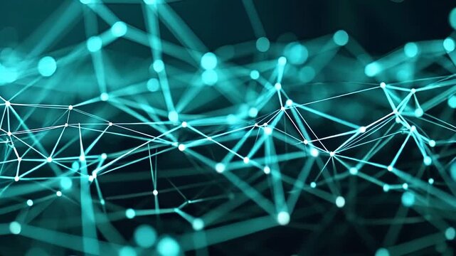 Abstract digital network nodes pattern with glowing cyan lines, suitable for technology or communication concept designs. Geometric and complex composition.