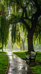 Fototapeta premium Peaceful park scene with green trees.