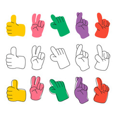 Fototapeta premium Set of colorful hand gesture icons with outline and solid styles isolated on transparent grid background for digital interface.
