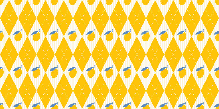 Italia summer yellow diamond shaped seamless pattern with lemons. Rhombus checkered background with citrus. Sicilian print for tablecloth, textile and fabric. Vector illustration
