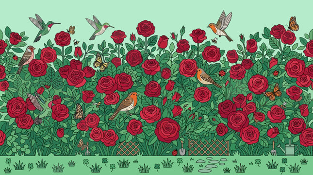 Illustration d&eacute;taill&eacute;e d'une haie luxuriante de roses rouges en pleine floraison, anim&eacute;e par des oiseaux et papillons dans un jardin printanier.