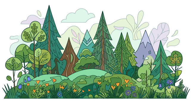 Ilustra&ccedil;&atilde;o vetorial de uma paisagem florestal estilizada com &aacute;rvores con&iacute;feras, colinas verdes, montanhas distantes e flores silvestres coloridas em um design plano e decorativo.