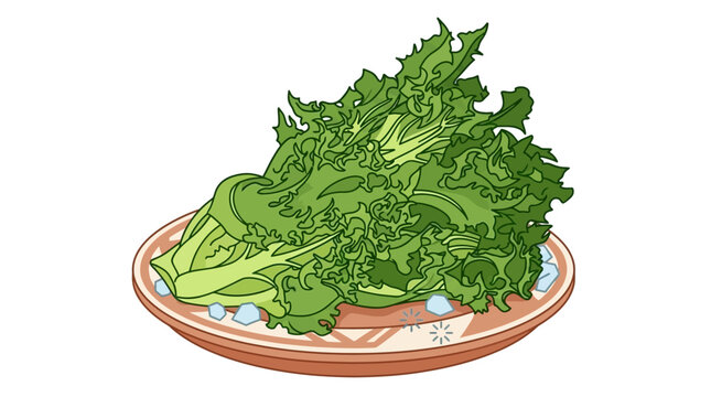 Ilustra&ccedil;&atilde;o vetorial de uma por&ccedil;&atilde;o de alface crespa fresca servida em um prato de cer&acirc;mica decorado, ideal para menus de restaurantes, blogs de culin&aacute;ria e design de embalagens de alimentos.