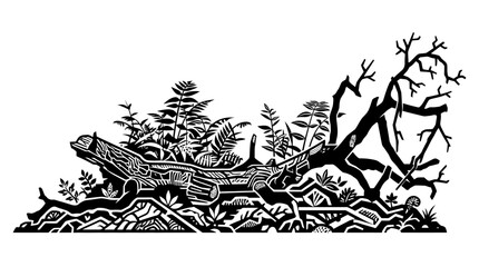 Naklejka premium Ilustração vetorial em preto e branco de uma floresta com troncos caídos, galhos secos e vegetação rasteira detalhada, ideal para design gráfico e projetos de natureza.