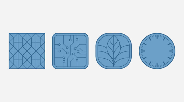 Conjunto de quatro &iacute;cones planos azuis em estilo minimalista, incluindo padr&otilde;es geom&eacute;tricos, circuitos eletr&ocirc;nicos, design de folha org&acirc;nica e um mostrador de rel&oacute;gio circular.