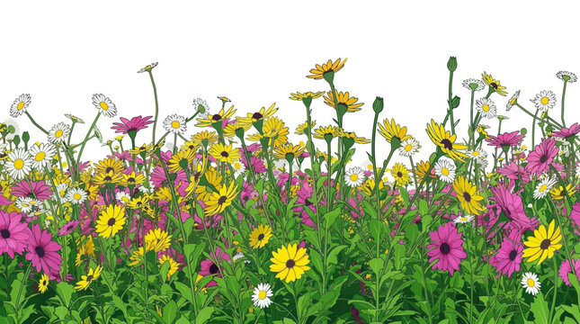 Champ fleuri color&eacute; avec une vari&eacute;t&eacute; de marguerites jaunes, roses et blanches, offrant une bordure v&eacute;g&eacute;tale &eacute;clatante sur fond blanc.