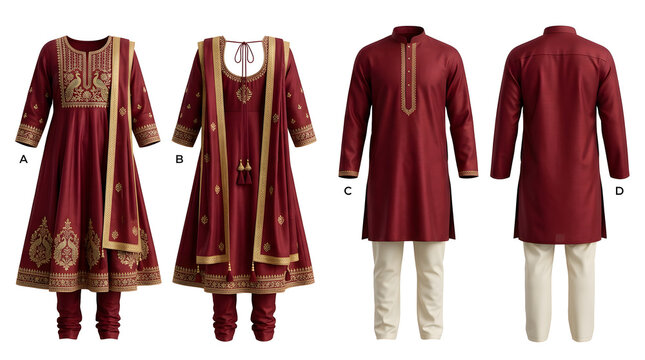 Exquisite maroon traditional Indian attire an intricately embroidered women's anarkali suit and a classic men's kurta pajama set, ideal for cultural celebrations and festive events