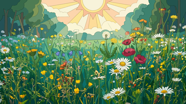 Ilustra&ccedil;&atilde;o art&iacute;stica de um campo vibrante com flores silvestres coloridas, margaridas e papoulas sob um sol radiante em um dia de primavera ensolarado, estilo gr&aacute;fico decorativo.