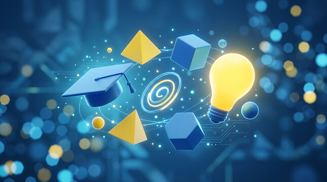 Abstract 3D Educational Concept with Floating Icons and Learning Symbols