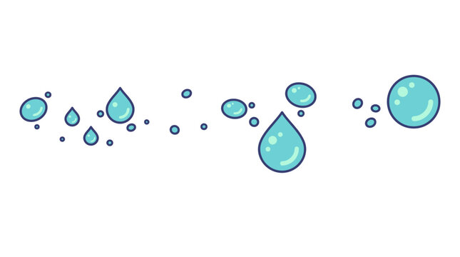 Ilustra&ccedil;&atilde;o vetorial de gotas de &aacute;gua azuis e bolhas de sab&atilde;o dispostas em uma linha horizontal, isoladas em um fundo branco limpo para design gr&aacute;fico.