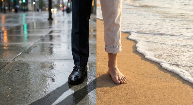 Balancing Work and Relaxation: City Street to Sandy Beach Journey Concept
