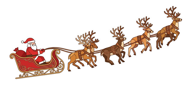 Ilustra&ccedil;&atilde;o vetorial do Papai Noel em seu tren&oacute; vermelho puxado por renas voadoras, isolado em fundo branco, perfeito para designs de cart&otilde;es e decora&ccedil;&otilde;es de Natal.