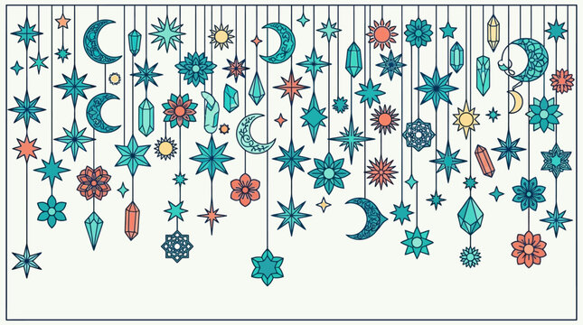 Ornements c&eacute;lestes suspendus avec lunes, &eacute;toiles et cristaux color&eacute;s, formant une bordure d&eacute;corative &eacute;l&eacute;gante pour un design mystique et onirique.