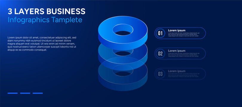 3 layers isometric business infographic template, modern blue data visualization diagram with stacked circles