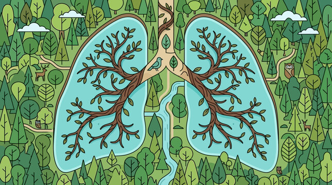 Illustration conceptuelle montrant des poumons humains form&eacute;s par des branches d'arbres au c&oelig;ur d'une for&ecirc;t dense pour l'&eacute;cologie mondiale.