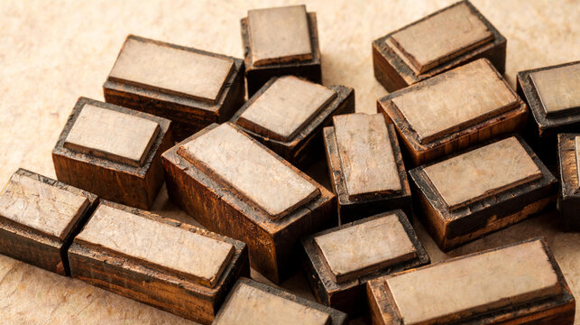 Aged wooden letterpress type blocks with pale paper inserts piled together on a light surface evoking the craftsmanship of historical movable type printing.